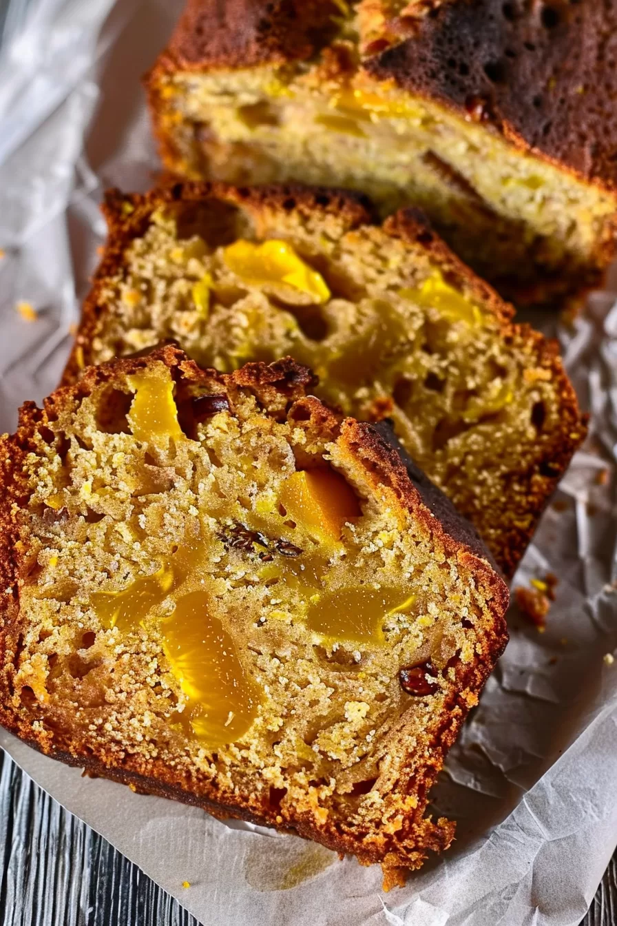 Close-up shot of sliced mango bread showcasing the soft, moist texture and bright yellow mango pieces throughout the loaf.