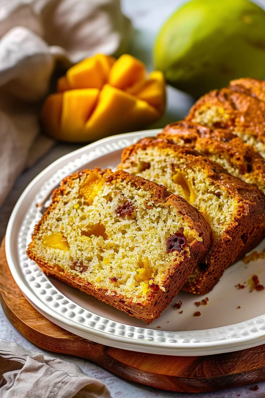 A thick slice of homemade mango bread with a rich, golden crumb and visible pieces of mango, served on a white ceramic plate.