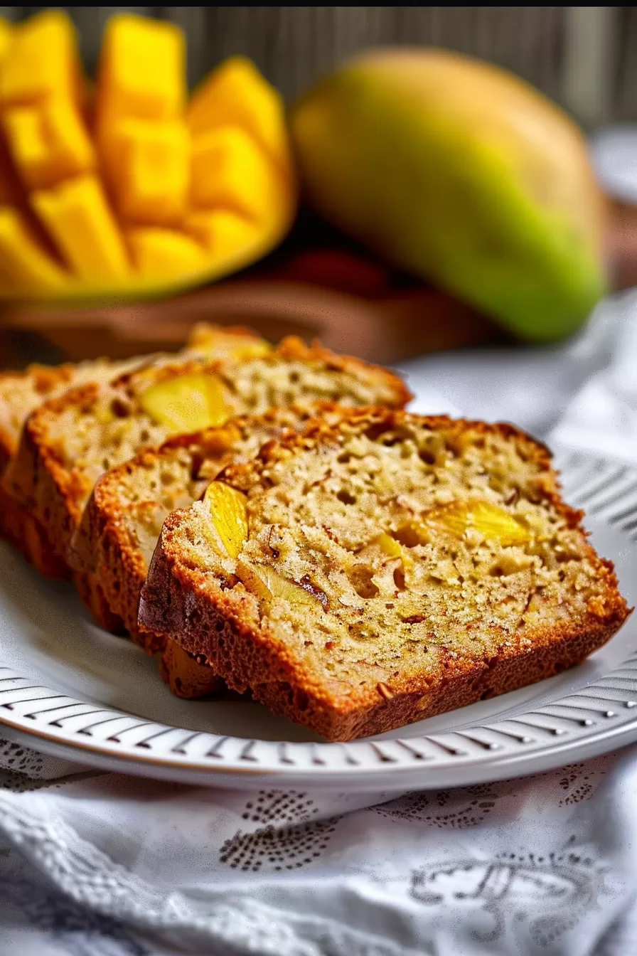 A plate with several slices of mango bread, garnished with diced fresh mango in the background for a tropical presentation.