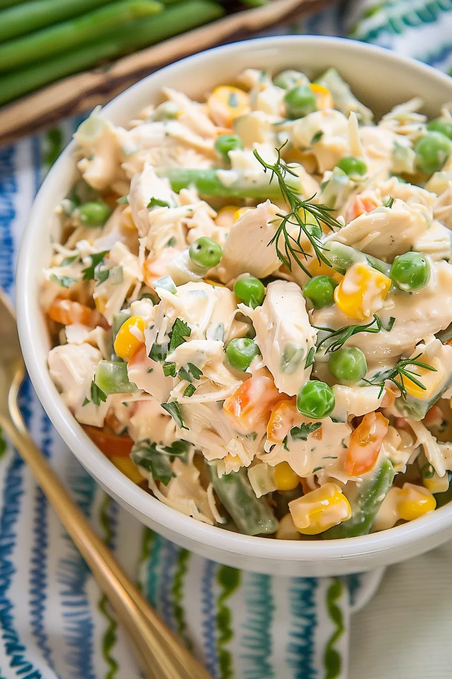 A bowl filled with creamy chicken salad, featuring colorful vegetables like carrots, green beans, and sweet corn.