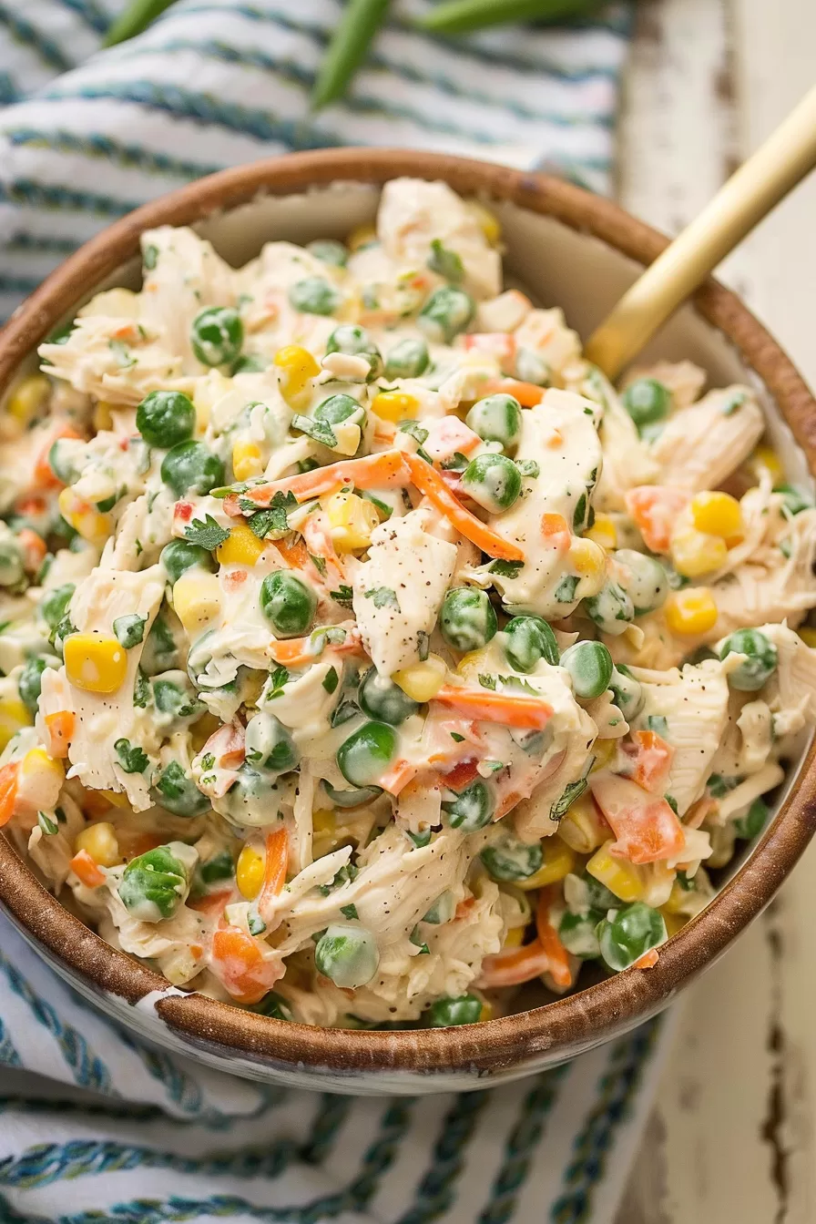 Fresh chicken salad with diced vegetables and a creamy dressing served in a rustic bowl, perfect for a summer meal.