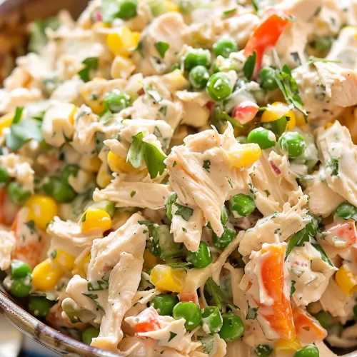 A hearty chicken salad with tender shredded chicken, peas, corn, and carrots, beautifully presented with a garnish of cilantro.