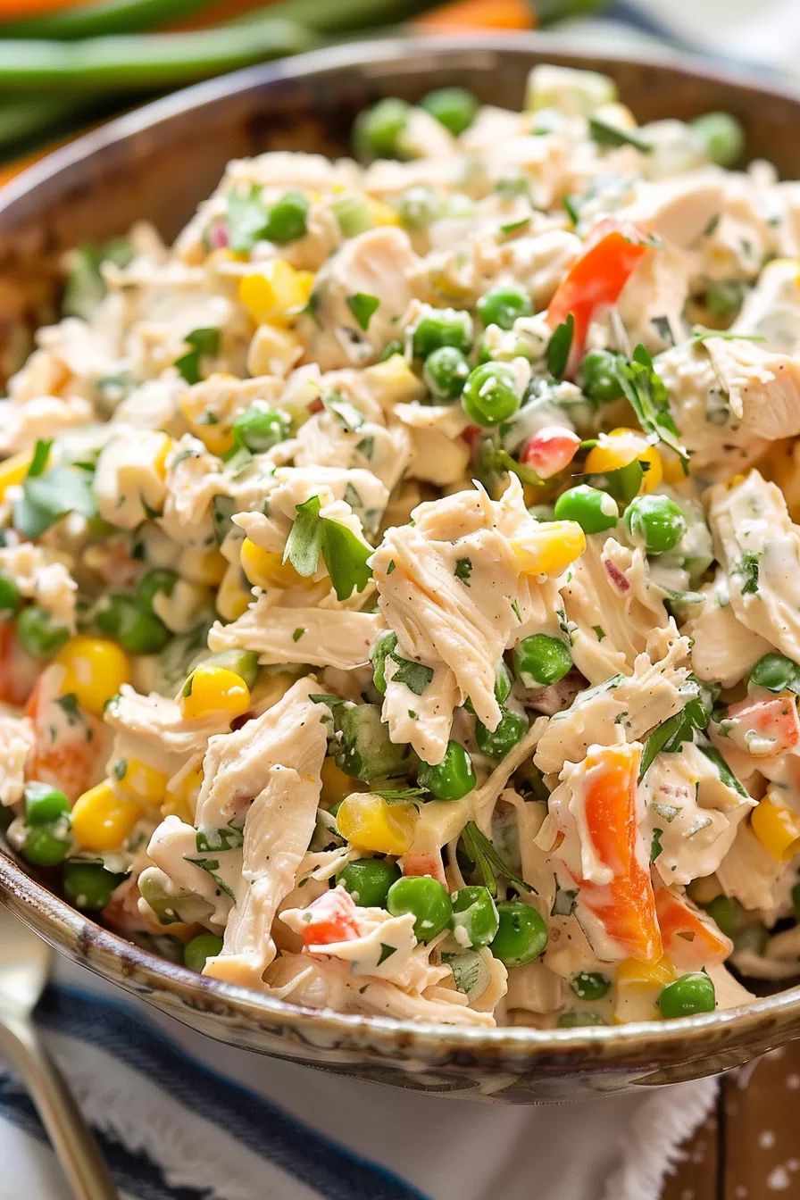 A hearty chicken salad with tender shredded chicken, peas, corn, and carrots, beautifully presented with a garnish of cilantro.