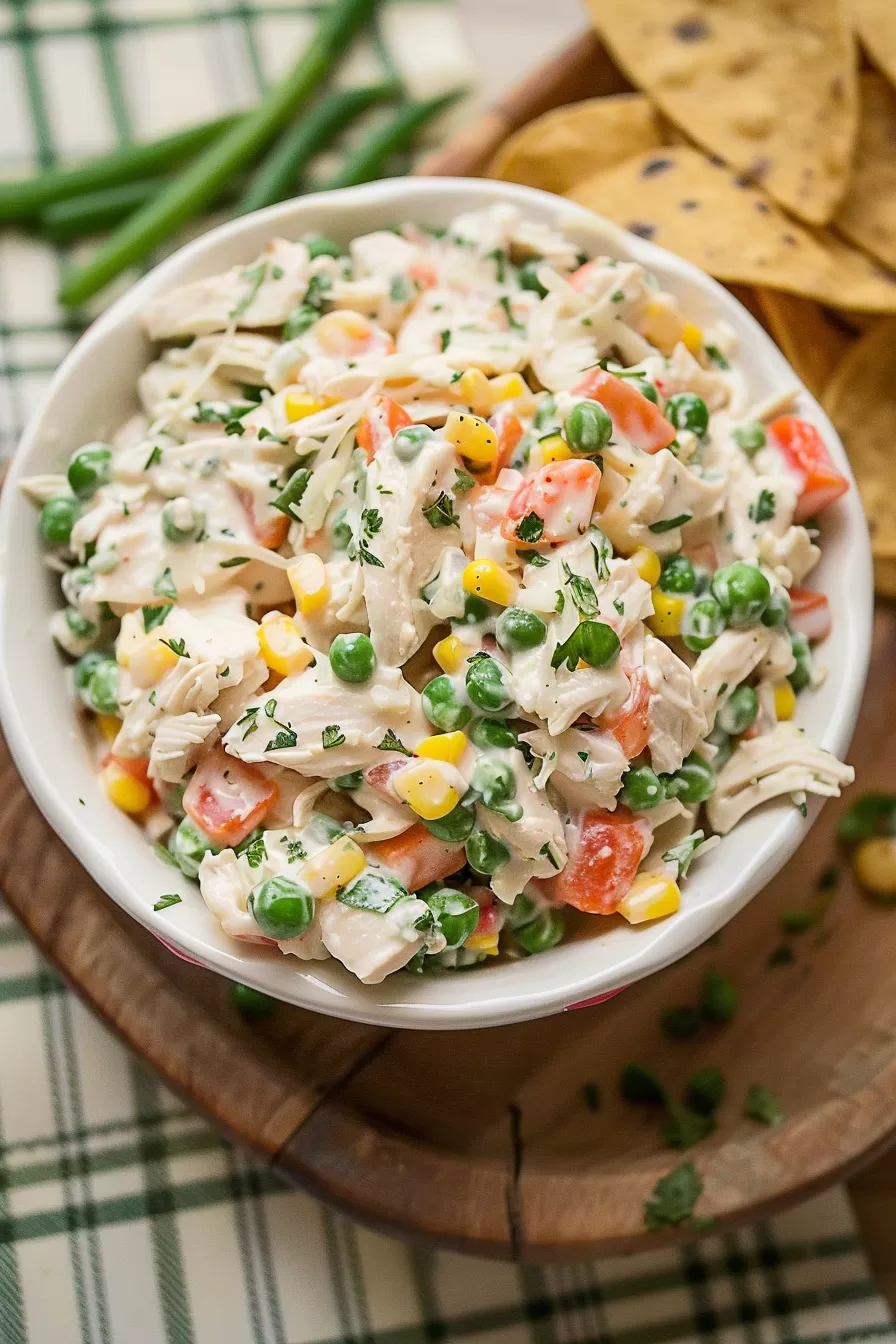 A delicious chicken salad served with tortilla chips, showcasing a blend of chicken, fresh vegetables, and creamy dressing.