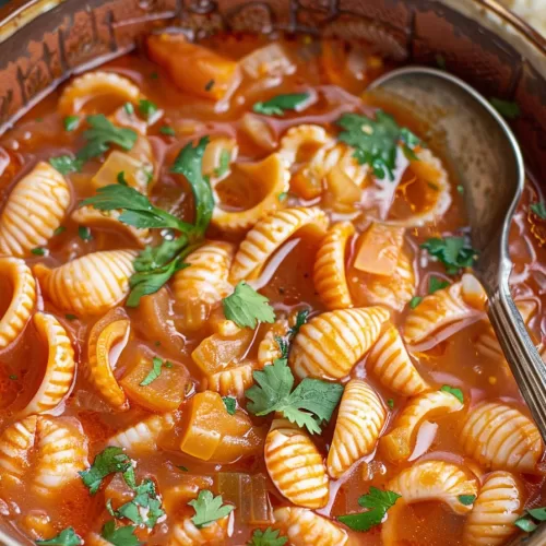 Hearty Mexican shell soup served in a rustic ceramic bowl with a spoon, showcasing tender pasta and a vibrant broth.