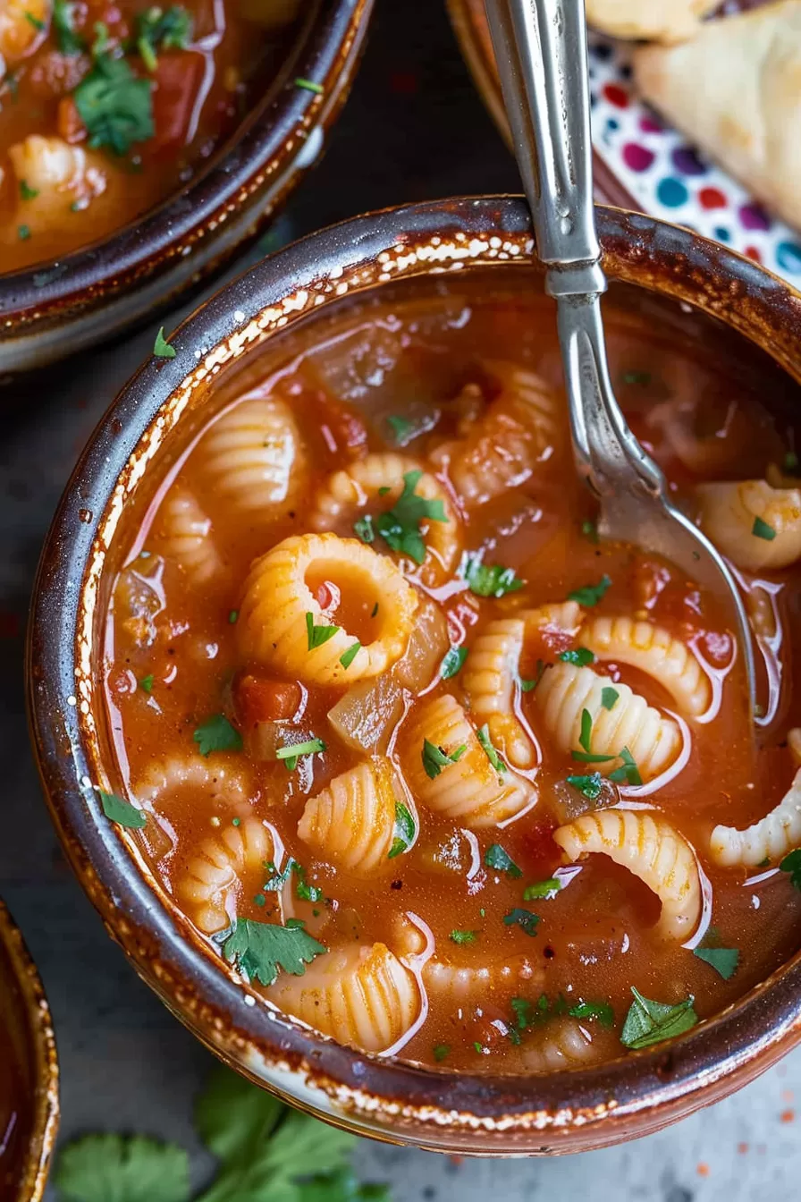 A comforting serving of Mexican shell soup with soft pasta shells, diced vegetables, and a rich red broth.