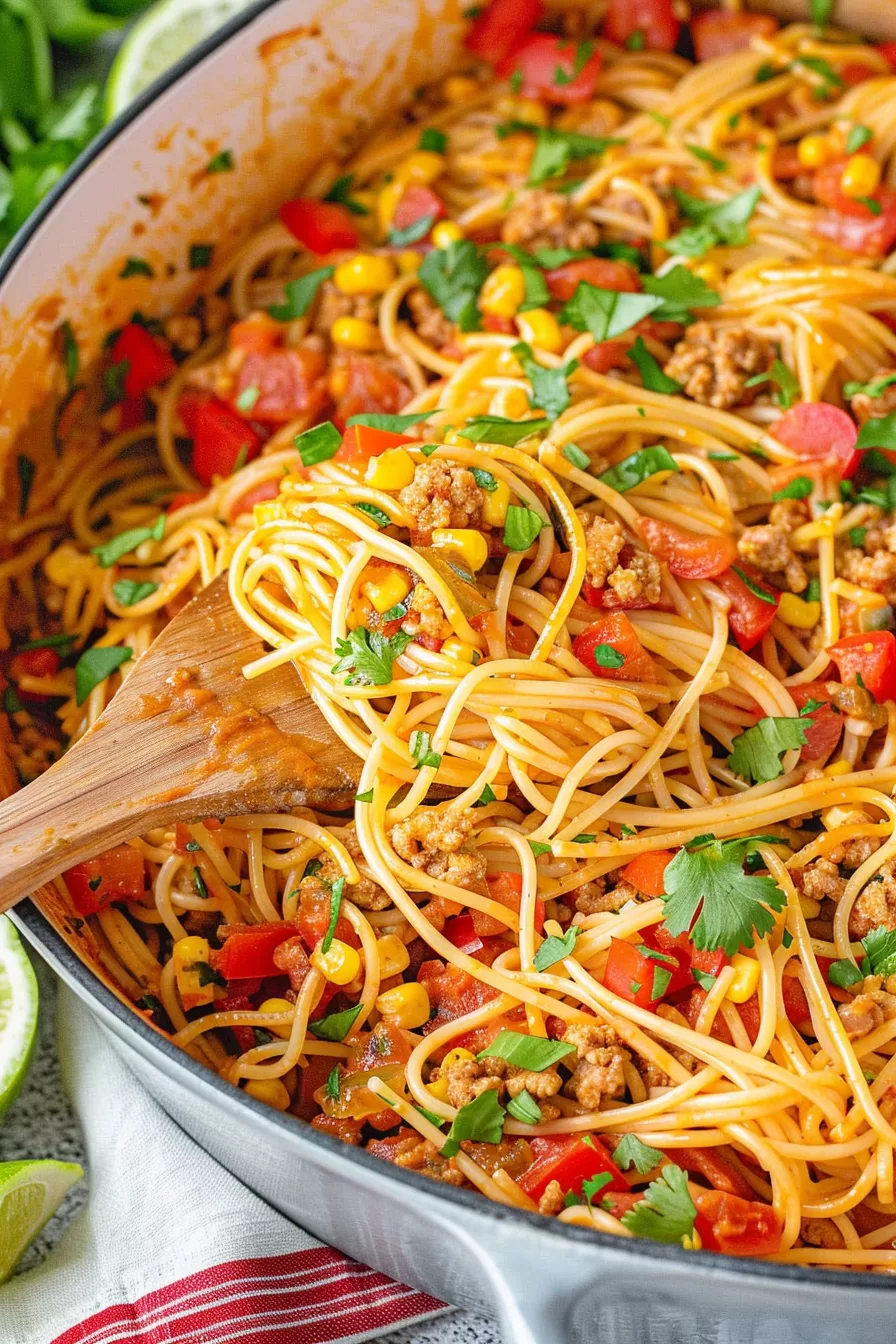 A close-up of spaghetti mixed with ground meat, corn, diced tomatoes, and fresh cilantro in a large skillet.