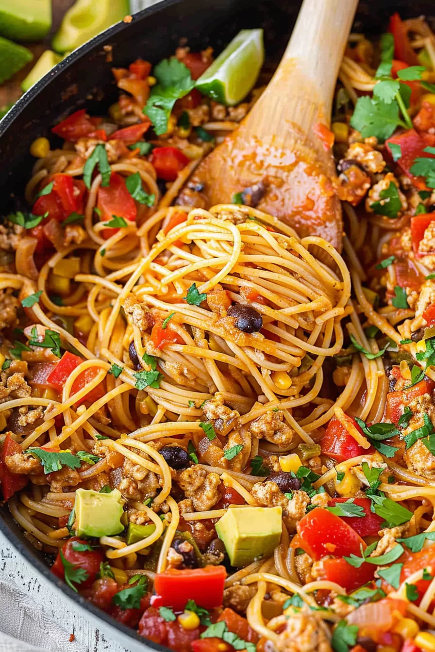 Spaghetti with seasoned ground meat, corn, and tomatoes, topped with avocado chunks and cilantro, served in a black skillet.