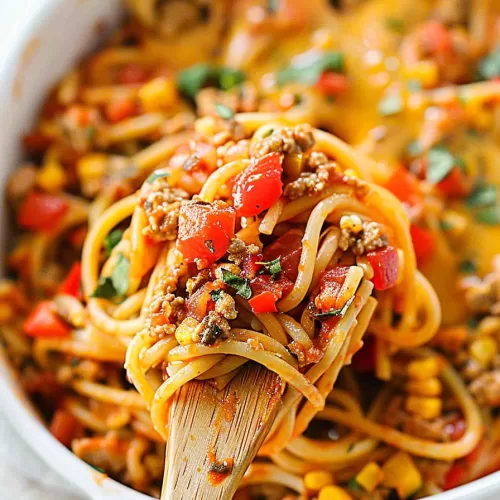 A wooden spoon lifting a serving of spaghetti with ground meat, tomatoes, and cheese from a white casserole dish.