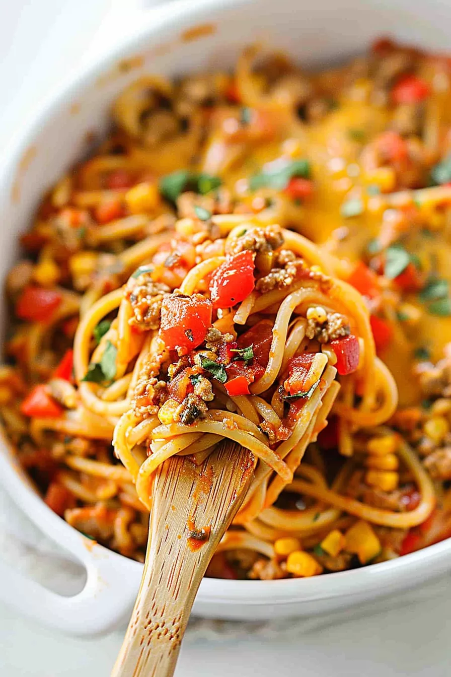 A wooden spoon lifting a serving of spaghetti with ground meat, tomatoes, and cheese from a white casserole dish.