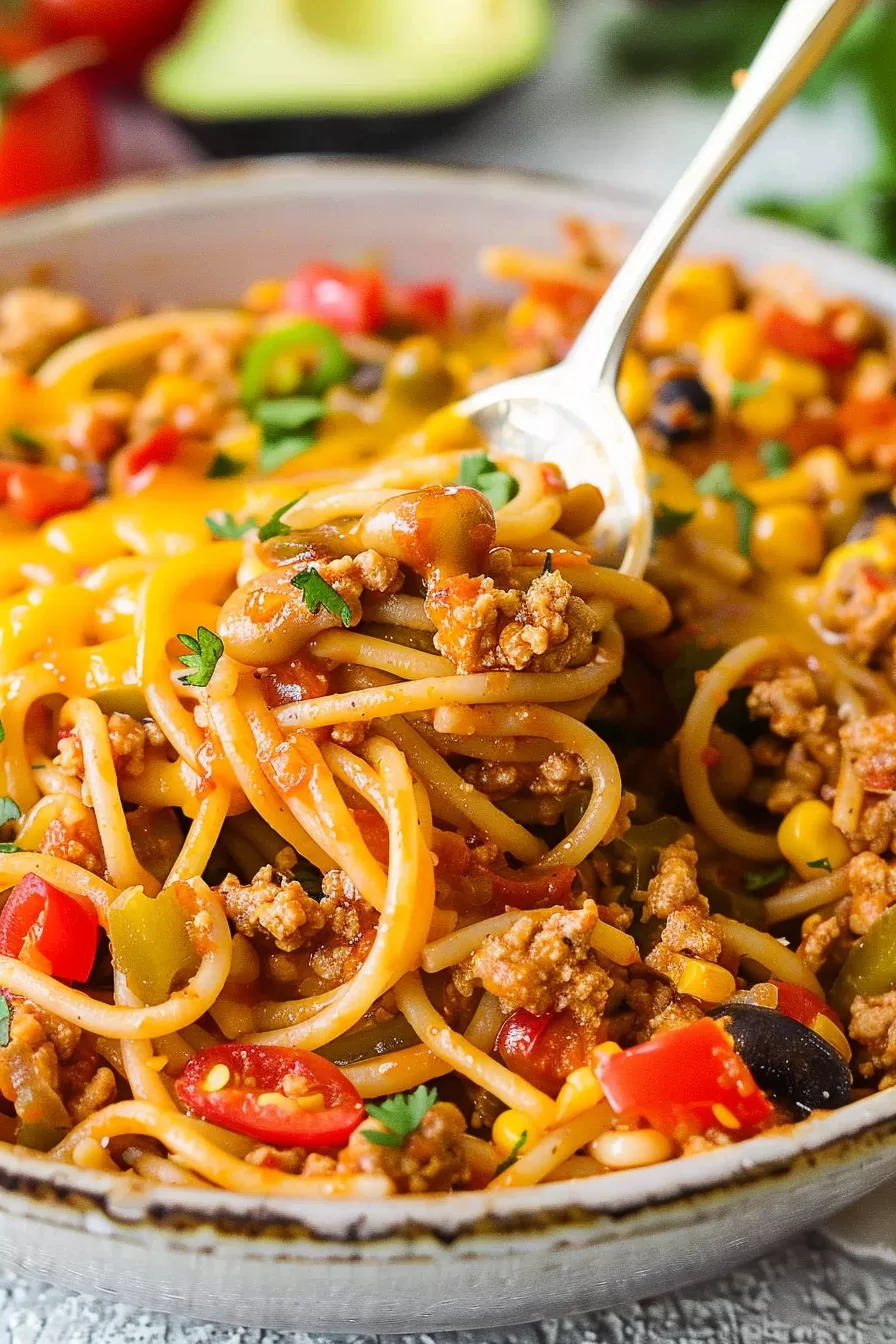 A bowl of spaghetti with ground meat, corn, tomatoes, and melted cheese, garnished with fresh herbs and served with a spoon.