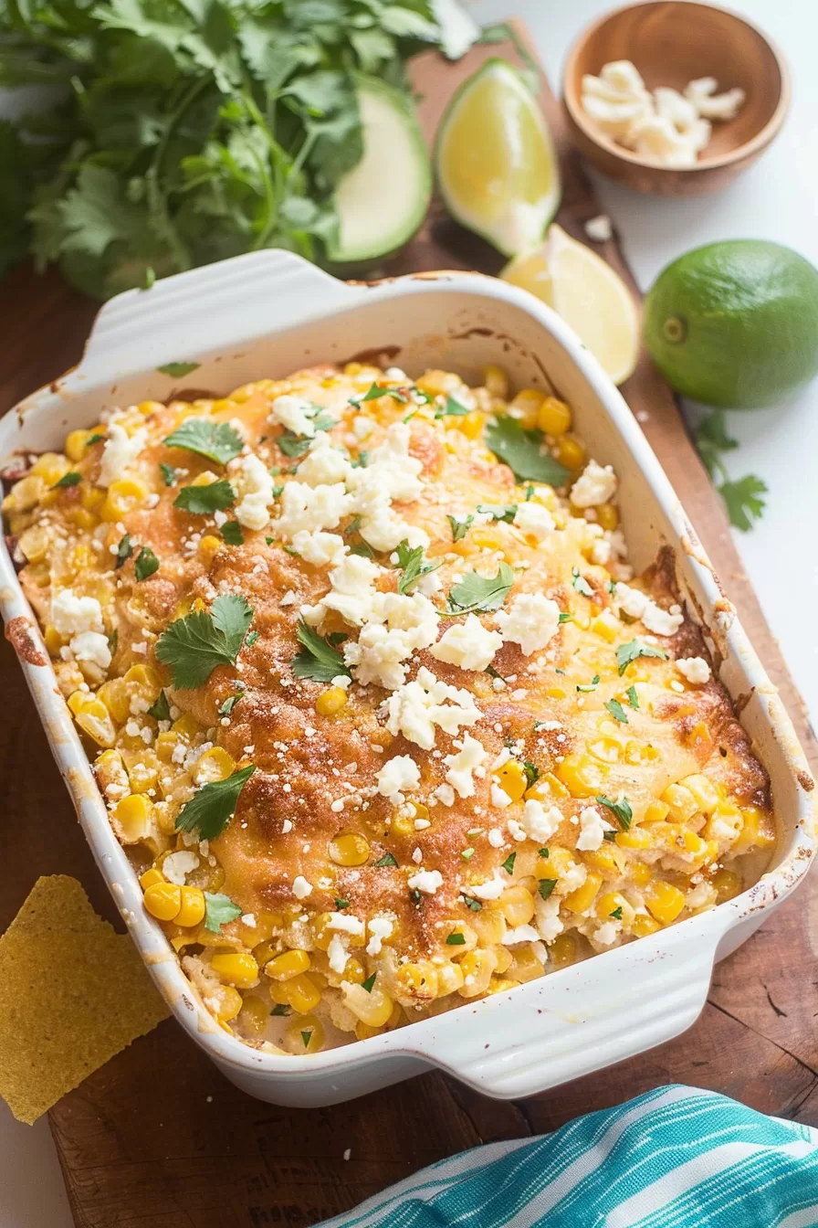 Close-up of a baked Mexican street corn casserole topped with melted cheese, fresh cilantro, and crumbled queso fresco.