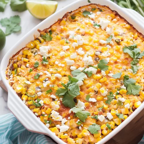 Freshly baked casserole featuring vibrant corn, a golden cheesy crust, and garnished with lime wedges and cilantro.