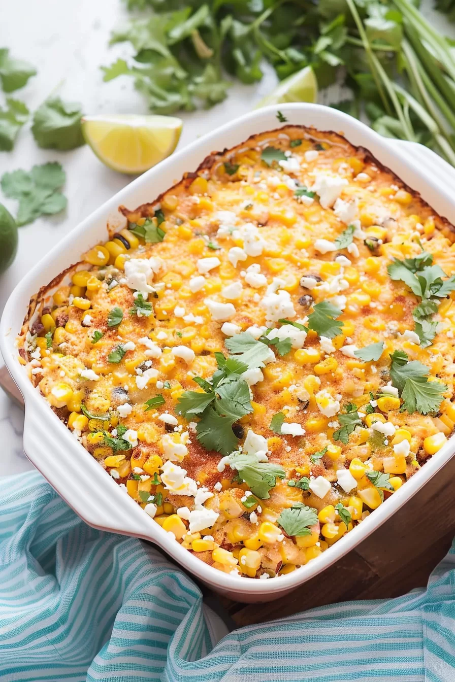 Freshly baked casserole featuring vibrant corn, a golden cheesy crust, and garnished with lime wedges and cilantro.