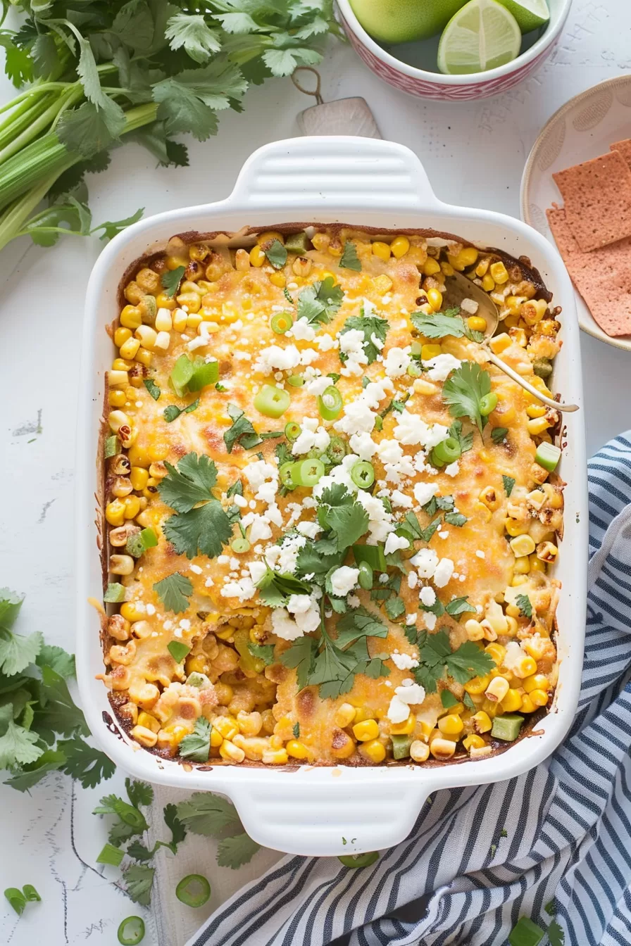 Overhead view of a creamy Mexican street corn casserole served in a white dish with fresh cilantro and cheese sprinkled on top.