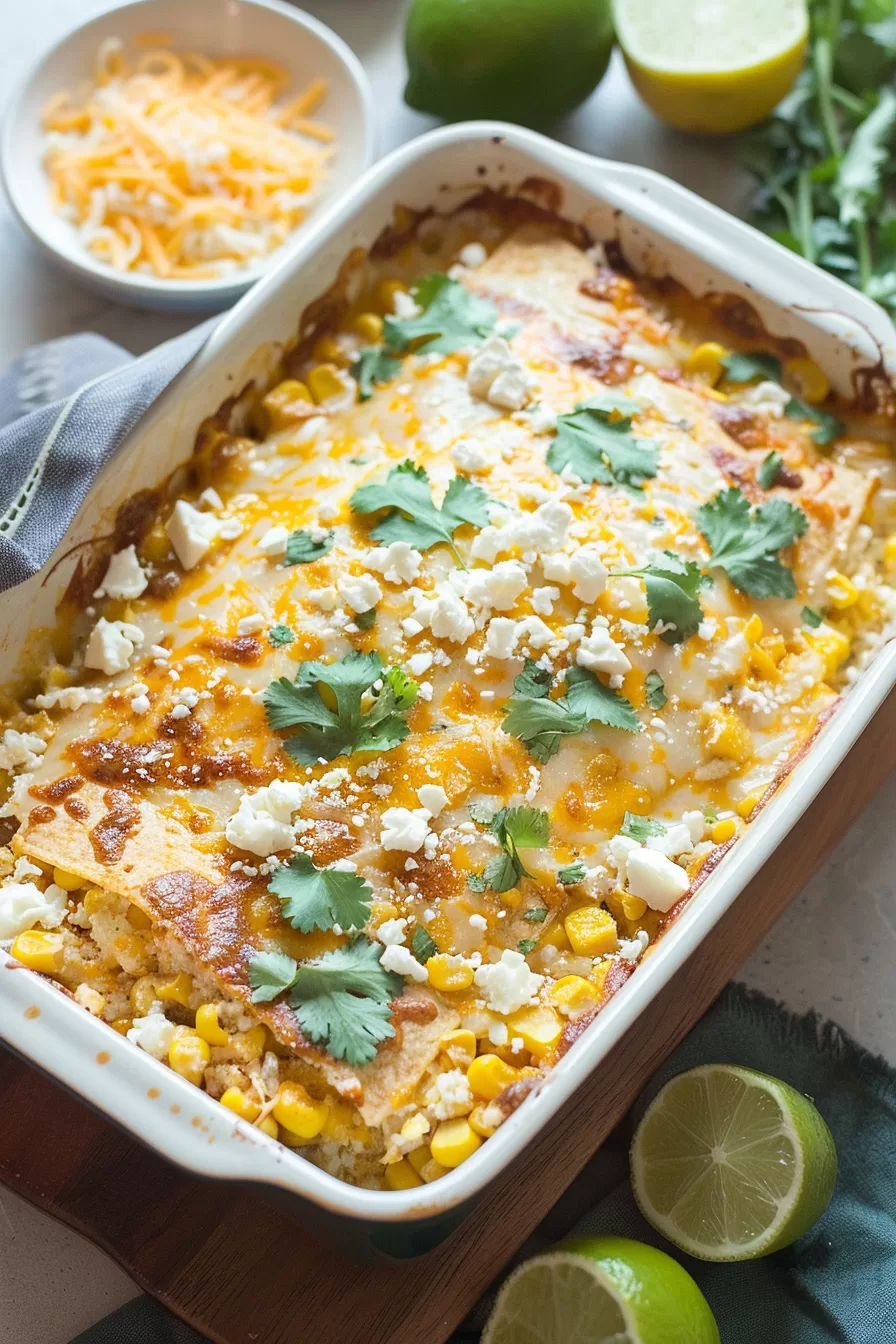 Cheesy Mexican street corn casserole in a baking dish, surrounded by lime wedges, fresh cilantro, and vibrant garnishes.