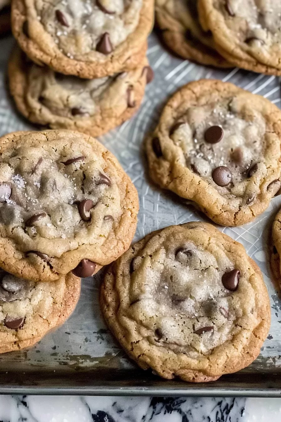 Stacked cookies with gooey milk chocolate chips and a touch of salt, highlighting their chewy texture.