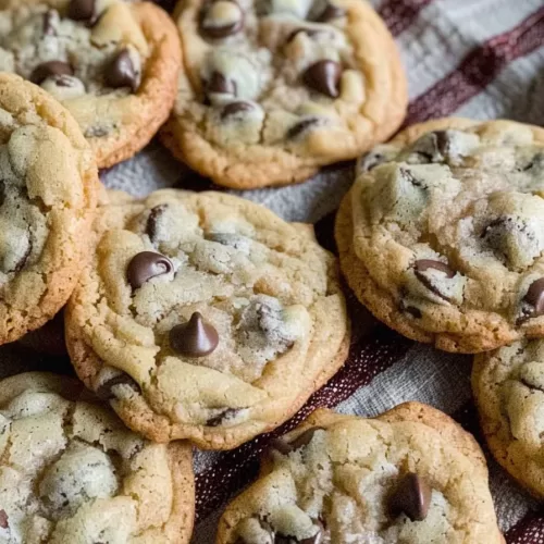 Close-up of golden-brown milk chocolate chip cookies with slightly crisp edges and soft centers.