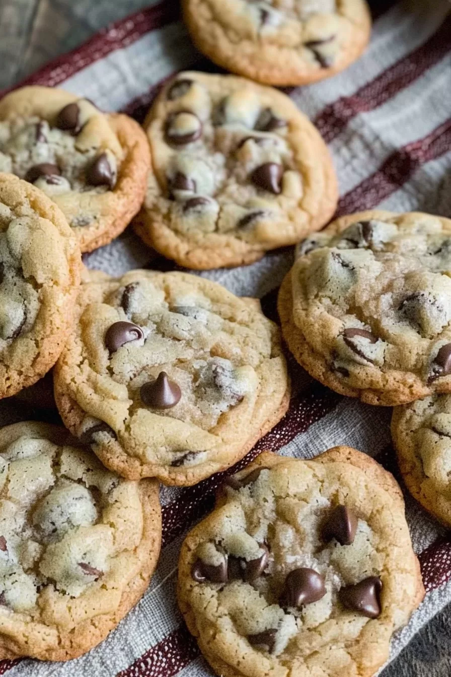 Close-up of golden-brown milk chocolate chip cookies with slightly crisp edges and soft centers.