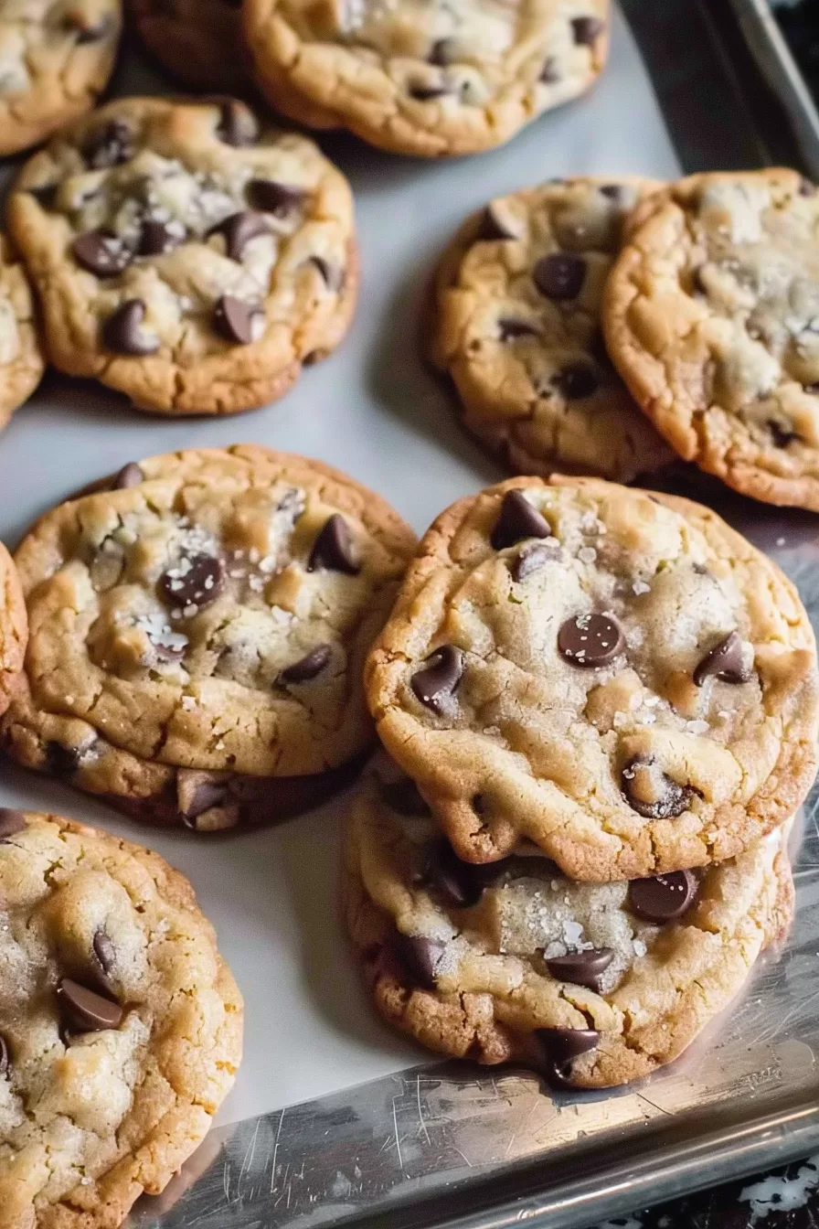 A batch of homemade chocolate chip cookies on a parchment-lined baking sheet, ready to serve.