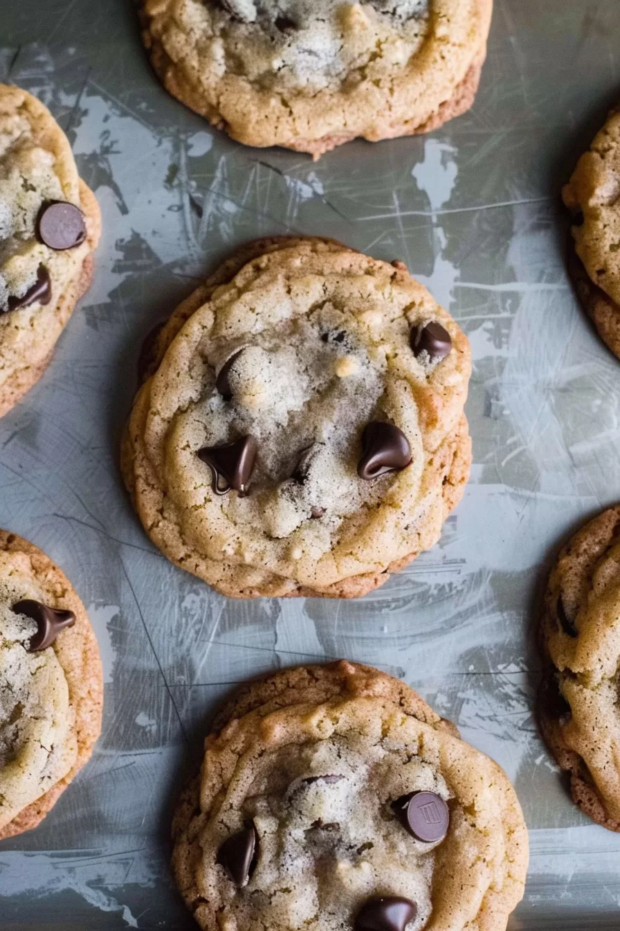 Overhead view of classic milk chocolate chip cookies with scattered chocolate chips and a perfect golden finish.