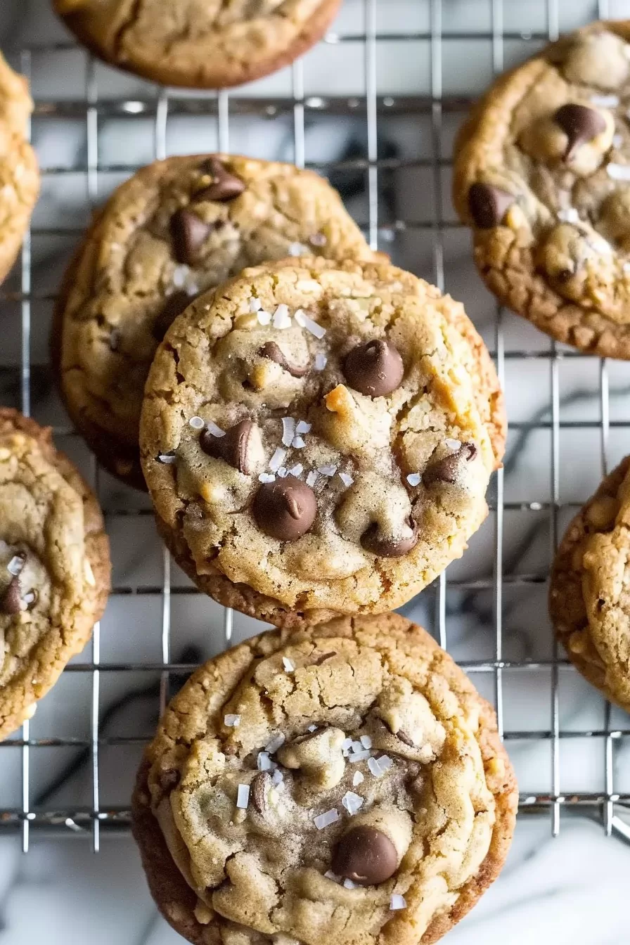 Freshly baked cookies on a cooling rack with melted chocolate chips and a sprinkle of sea salt.