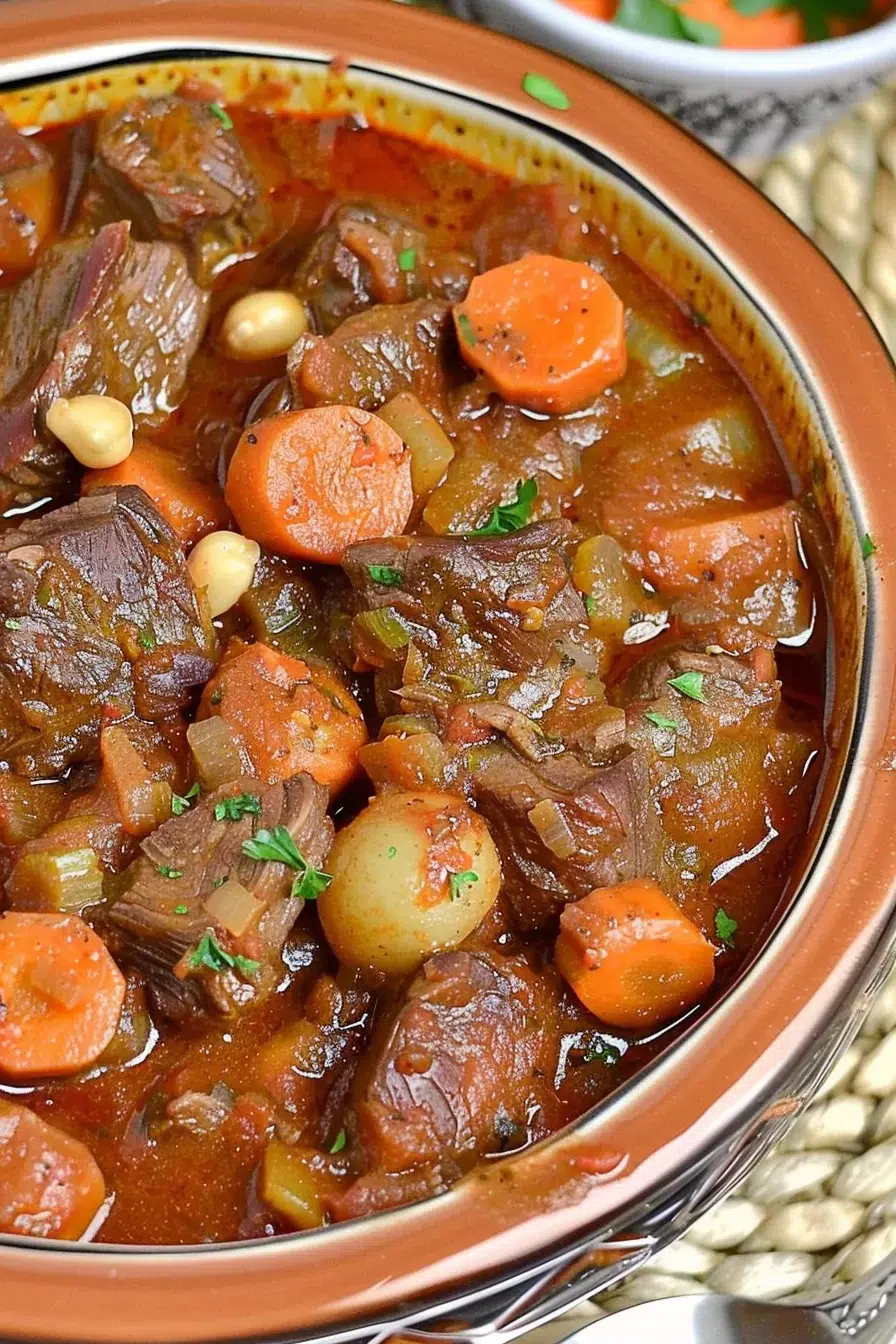 A close-up of a rich and hearty stew featuring tender beef chunks, carrots, and baby potatoes in a vibrant clay pot.