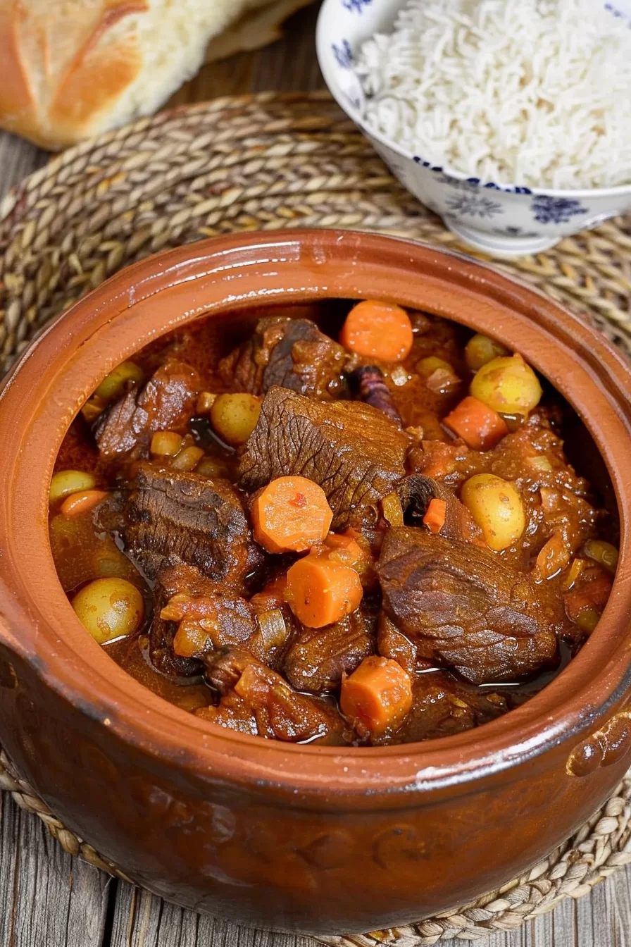 A Moroccan-style beef tagine served in a traditional earthenware dish, surrounded by vibrant carrots and potatoes.