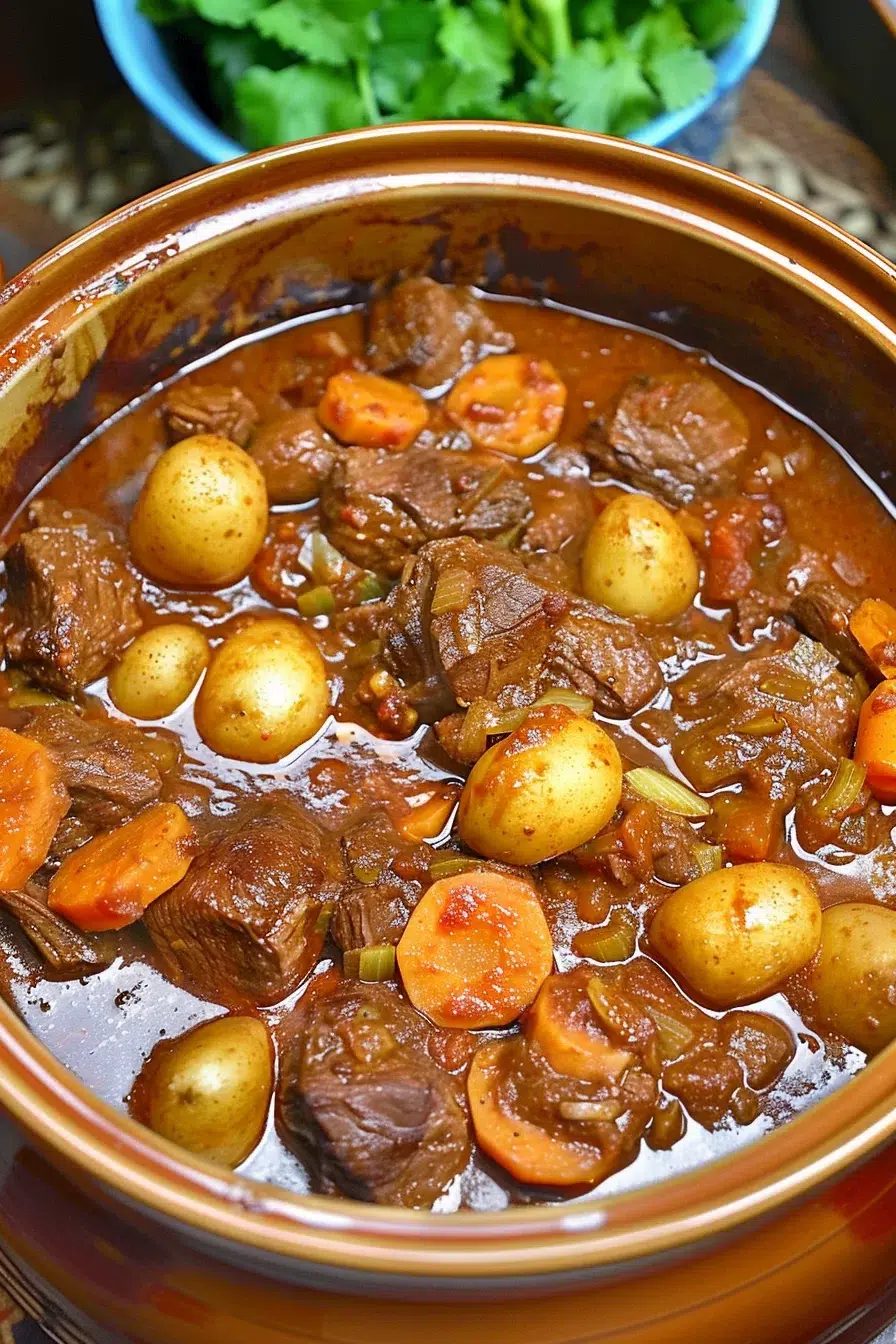 Tender beef, golden potatoes, and carrots in a spiced tomato-based sauce, beautifully presented in a rustic pot.