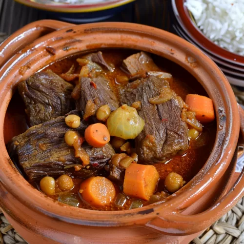 A traditional Moroccan beef tagine dish with simmered vegetables and rich spices, served with a side of fluffy rice.