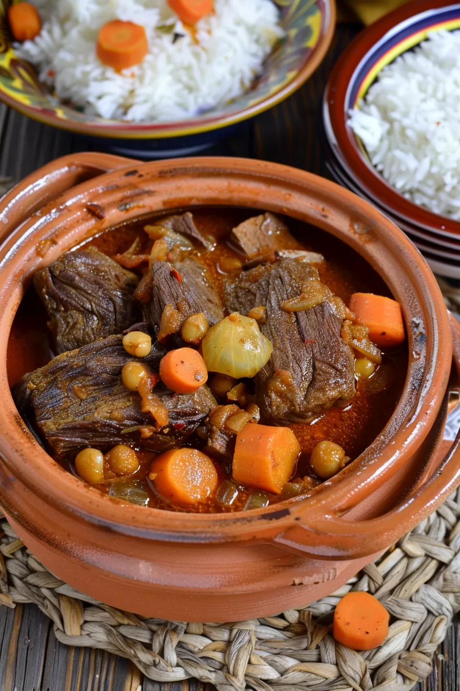 A traditional Moroccan beef tagine dish with simmered vegetables and rich spices, served with a side of fluffy rice.