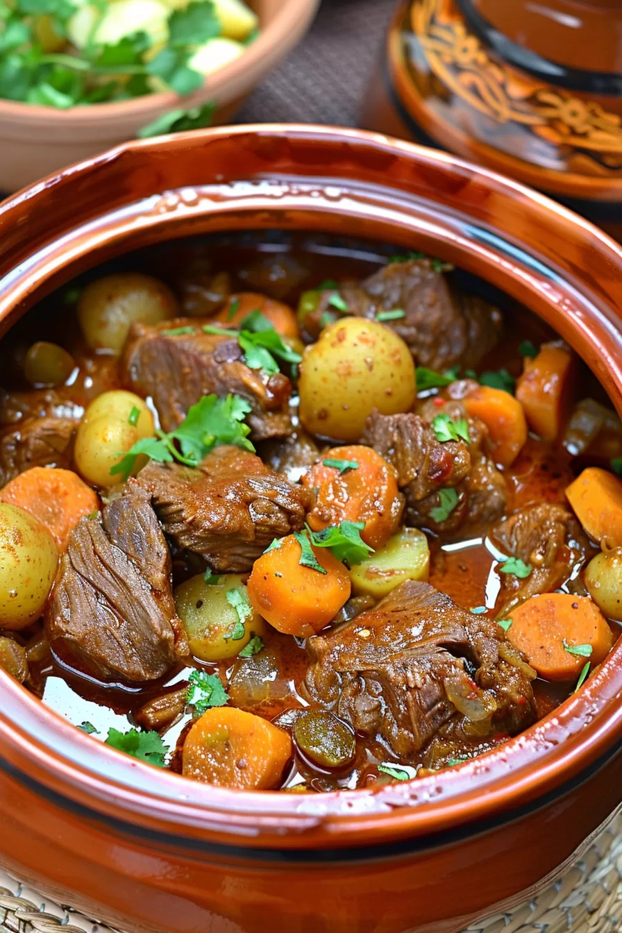 A hearty serving of Moroccan beef stew garnished with fresh herbs, highlighting the bold flavors and vibrant colors.