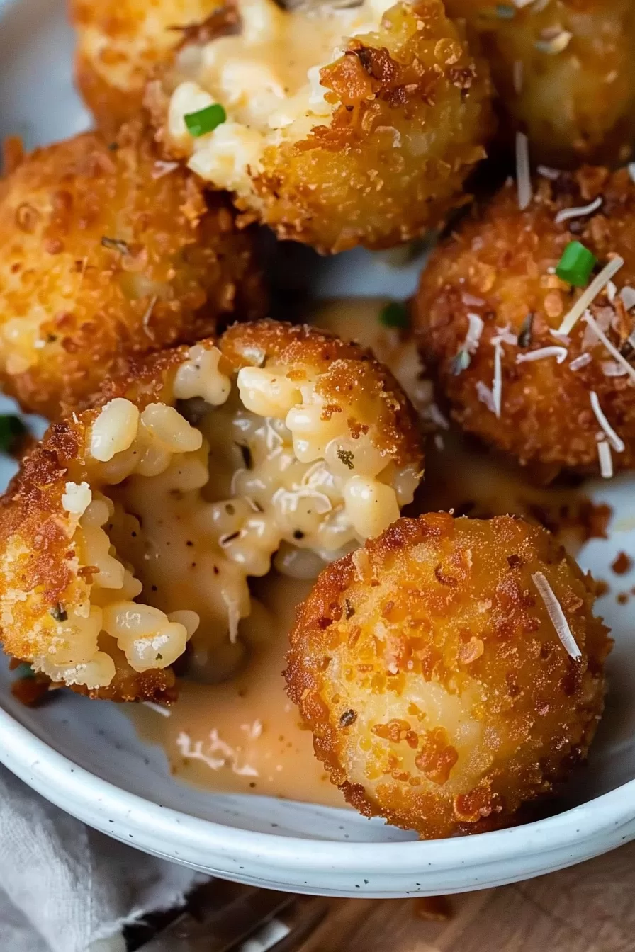 A plate full of crispy mushroom arancini, garnished with fresh parsley and parmesan shavings.