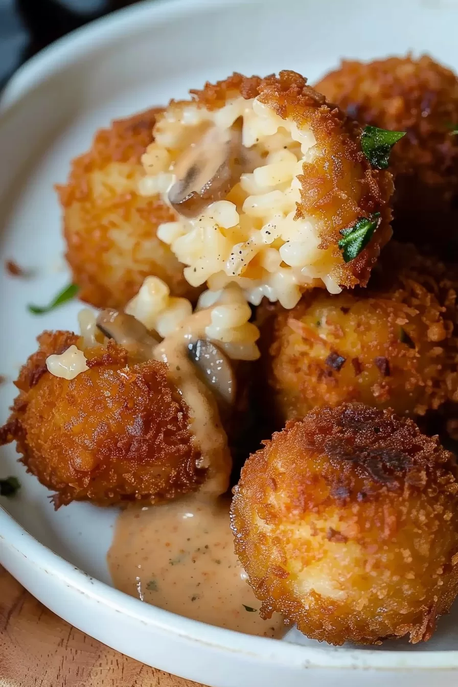 Close-up of a split mushroom arancini ball showing a creamy risotto filling with mushrooms and melted cheese.