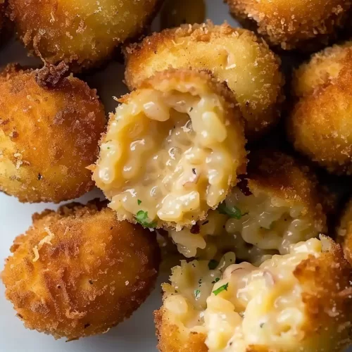 Golden brown mushroom arancini balls with a crispy coating, revealing a cheesy risotto center, served on a white plate.