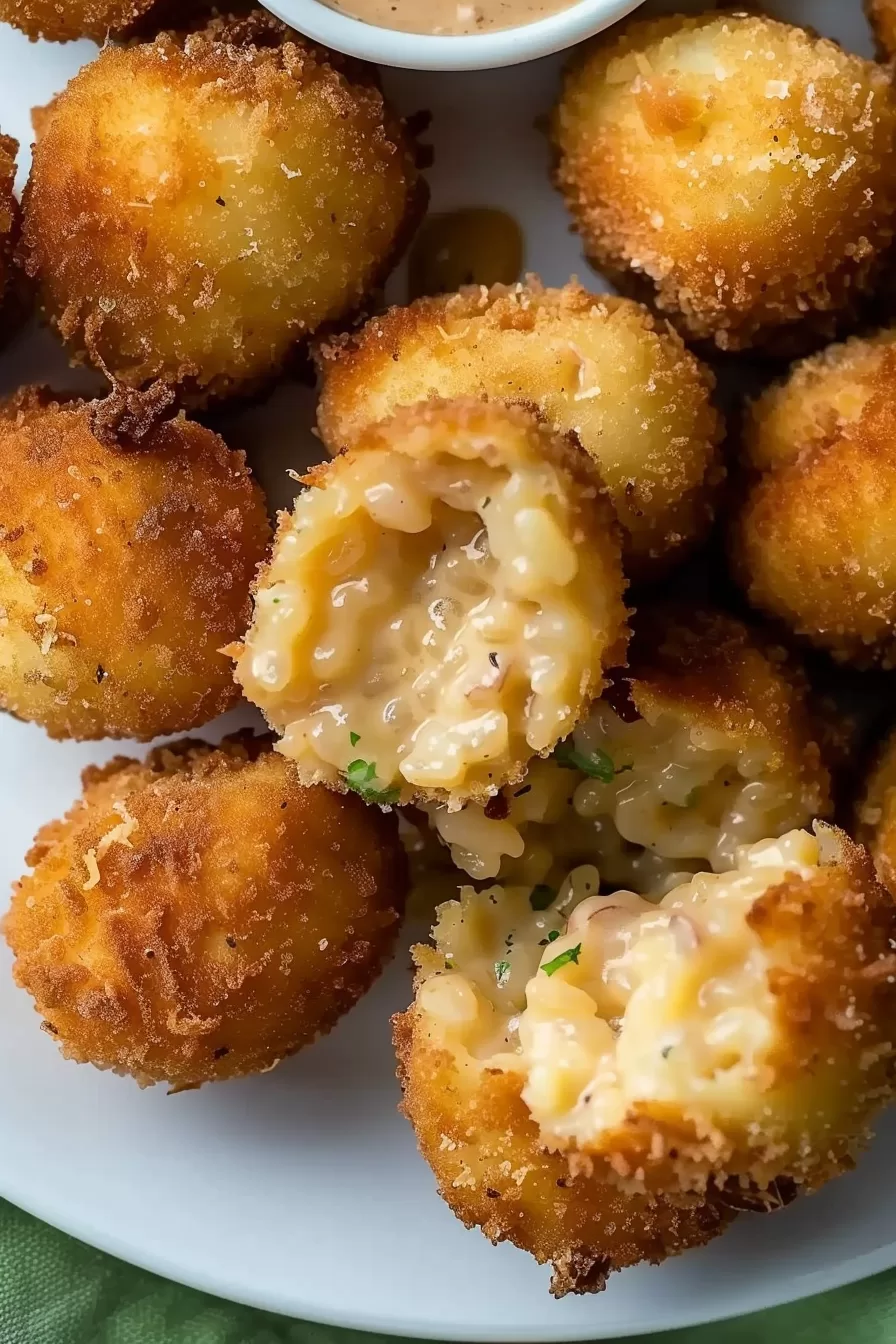 Golden brown mushroom arancini balls with a crispy coating, revealing a cheesy risotto center, served on a white plate.