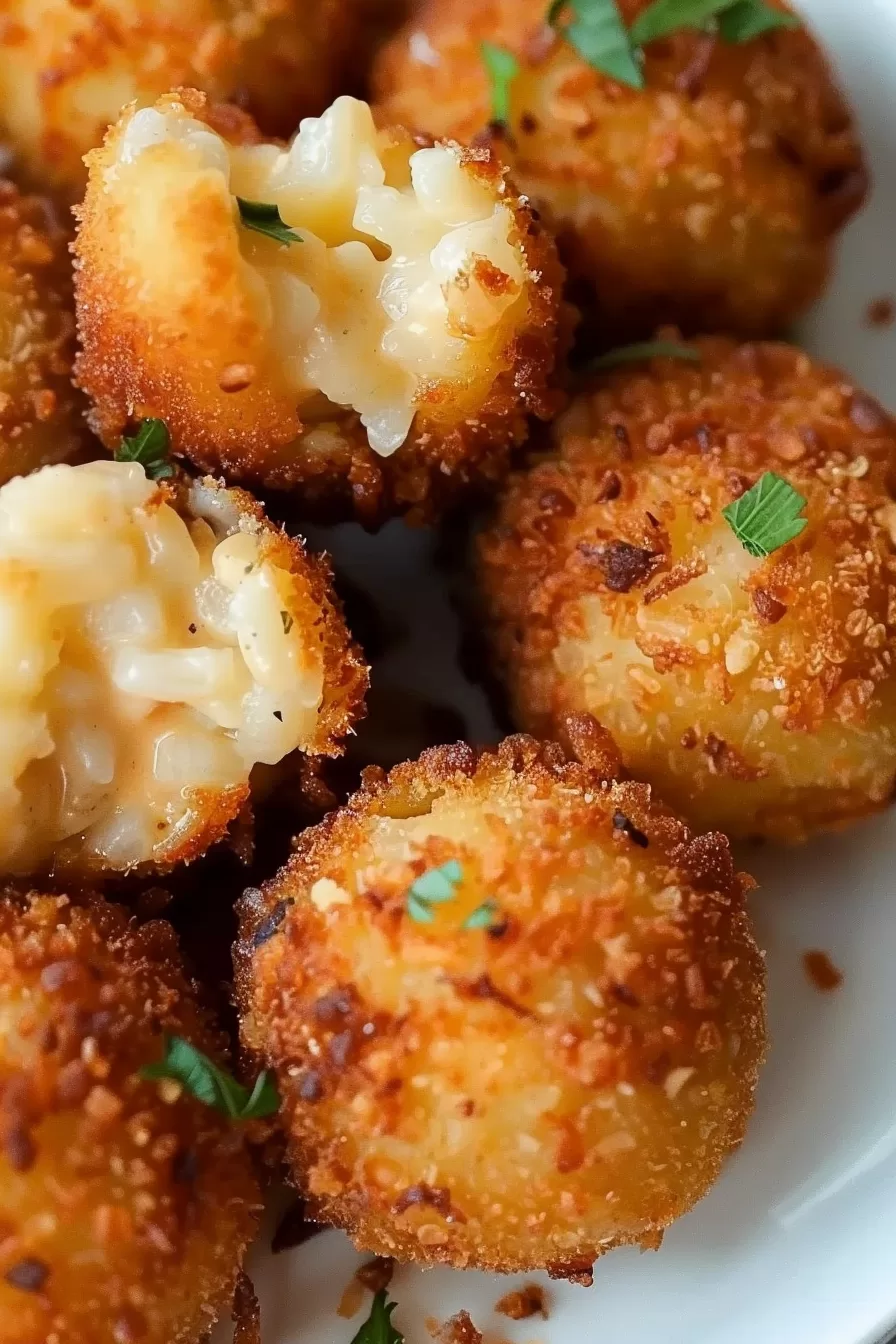 Mushroom arancini balls with a crunchy breadcrumb crust, with one piece broken open to showcase the gooey interior.