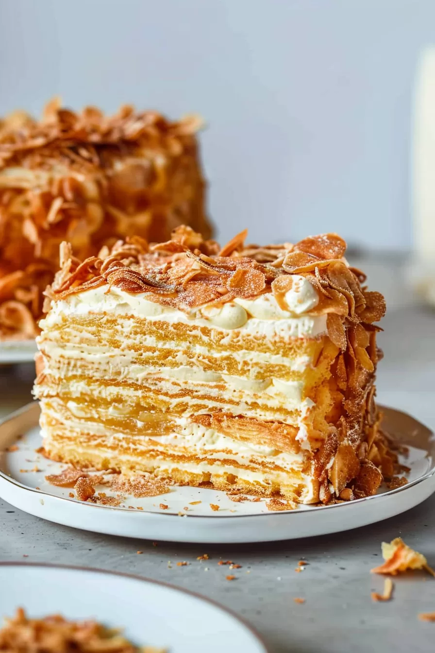 A close-up of a layered dessert with alternating golden pastry and velvety cream on a white plate.