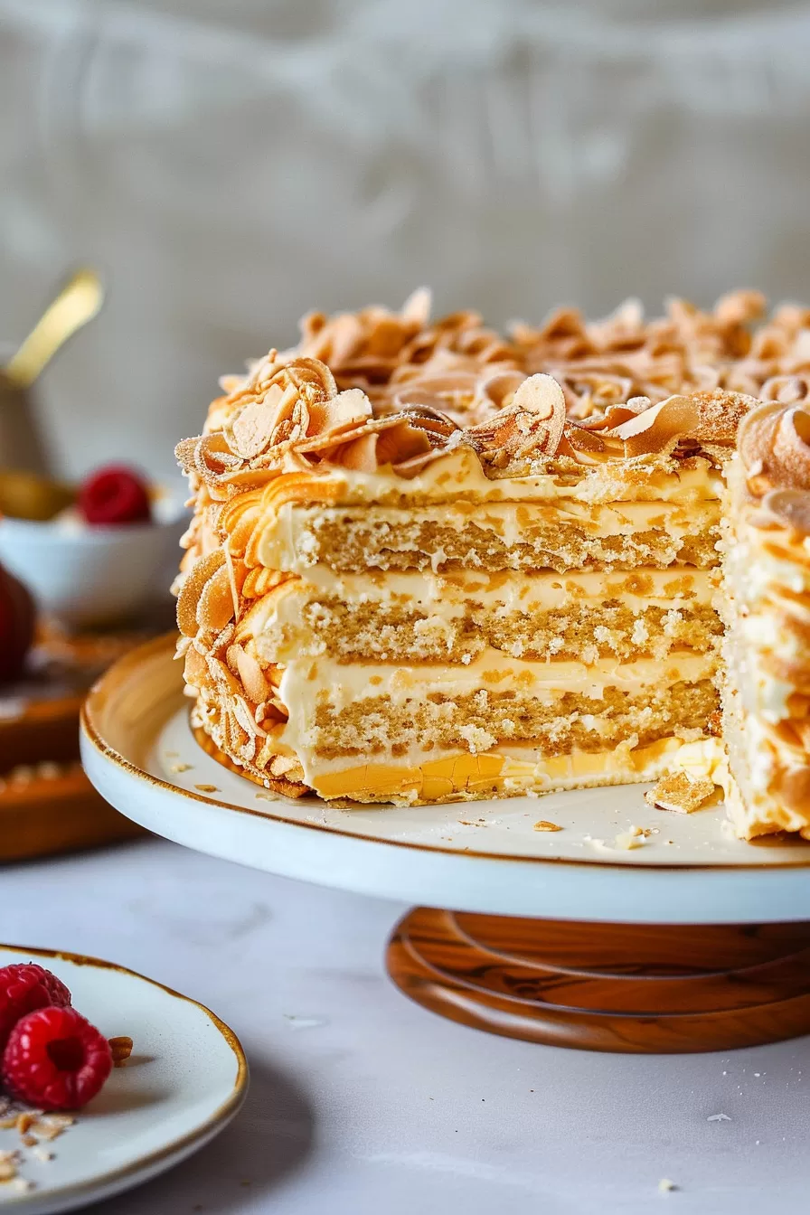 A slice of a multi-layered cake with golden flaky layers and creamy filling, topped with caramelized almonds.