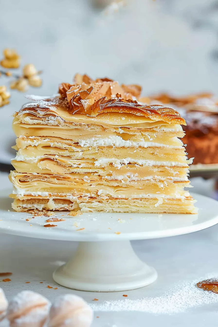 A beautifully presented layered cake garnished with crushed pastry flakes and powdered sugar.