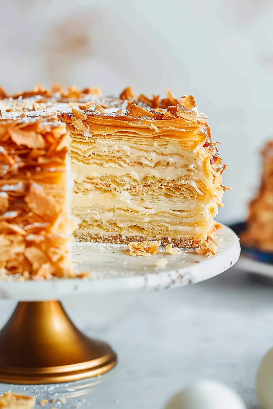 A decadent dessert with visible pastry layers and cream, elegantly served on a cake stand.