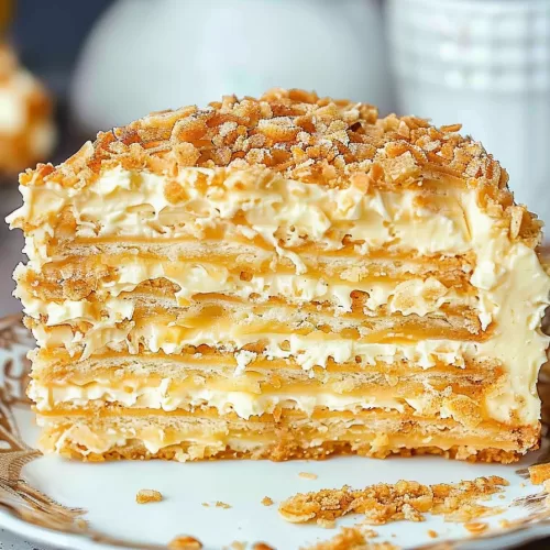 A richly layered cake slice showcasing crisp golden layers and a luscious cream filling, surrounded by crumbs.