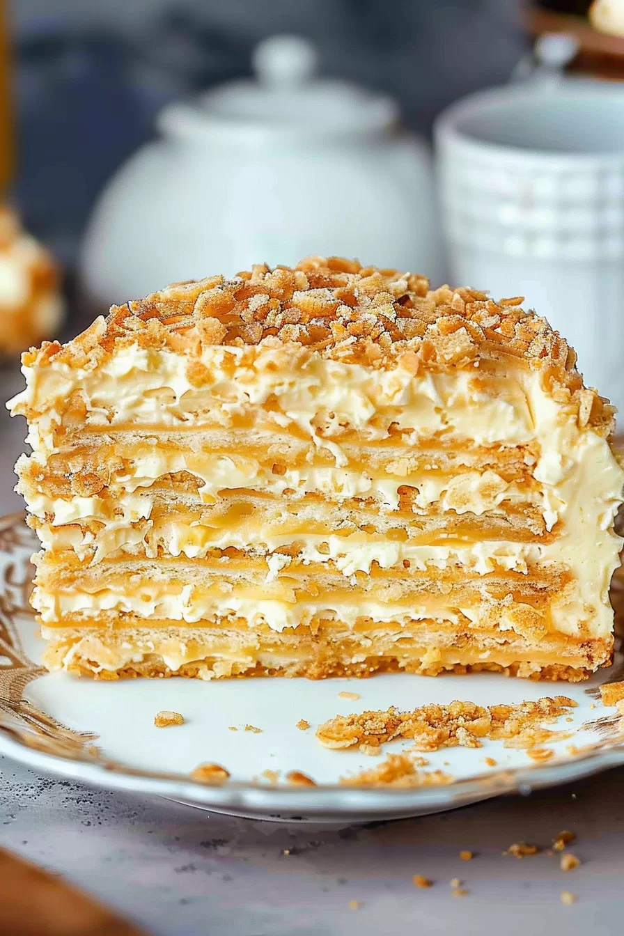 A richly layered cake slice showcasing crisp golden layers and a luscious cream filling, surrounded by crumbs.