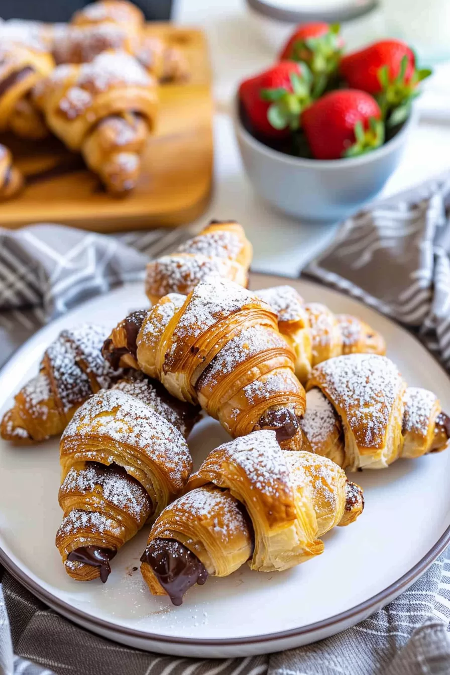 A plate of freshly baked, golden-brown croissants dusted with powdered sugar, filled with creamy Nutella.