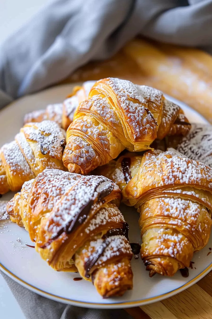 Stacked croissants on a serving plate, showcasing their crisp, buttery layers and oozing chocolate filling.