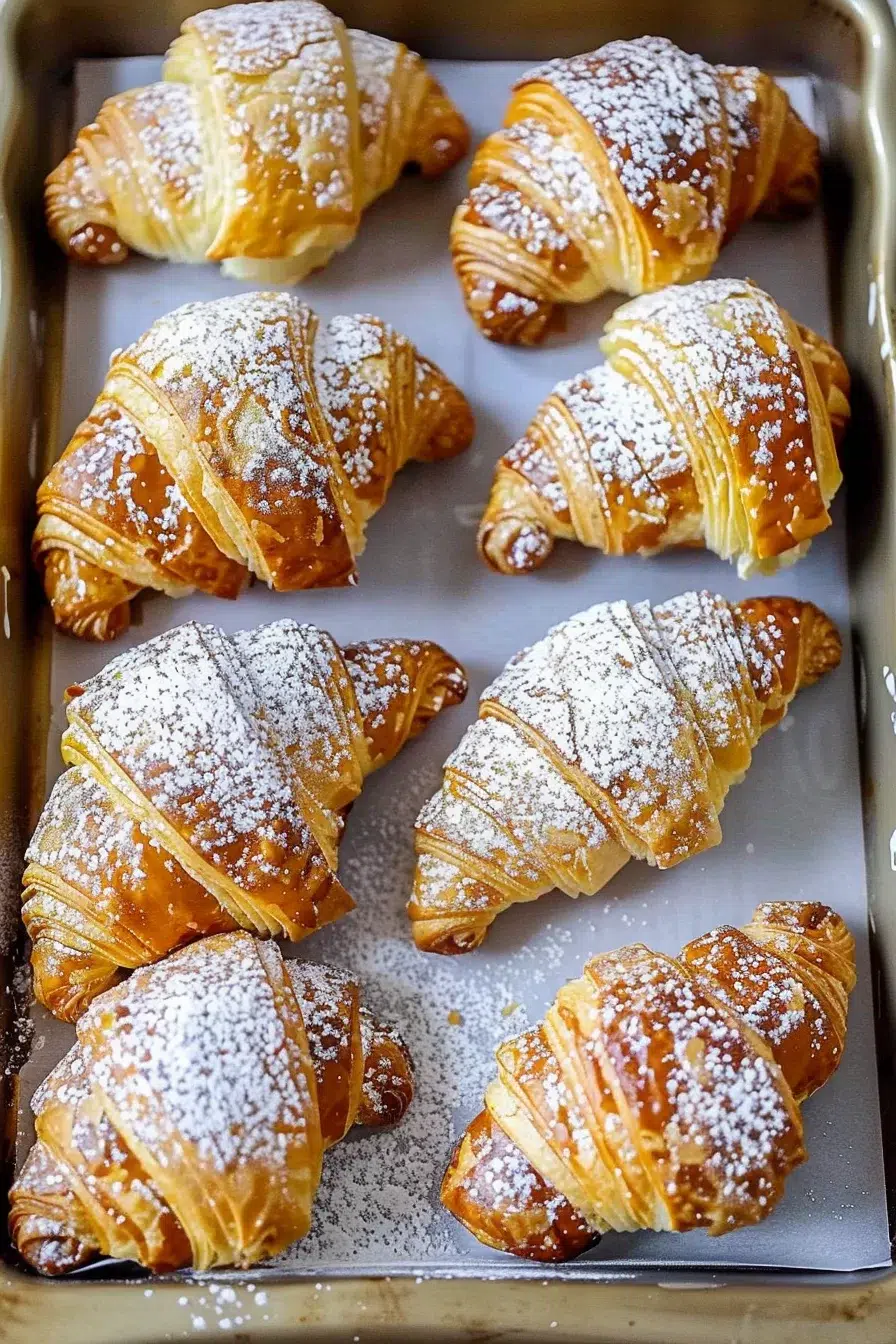 Close-up of a flaky croissant showing a rich Nutella filling, lightly dusted with powdered sugar.