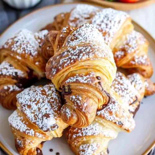 A cozy breakfast spread with Nutella croissants served alongside fresh strawberries and a cup of coffee.