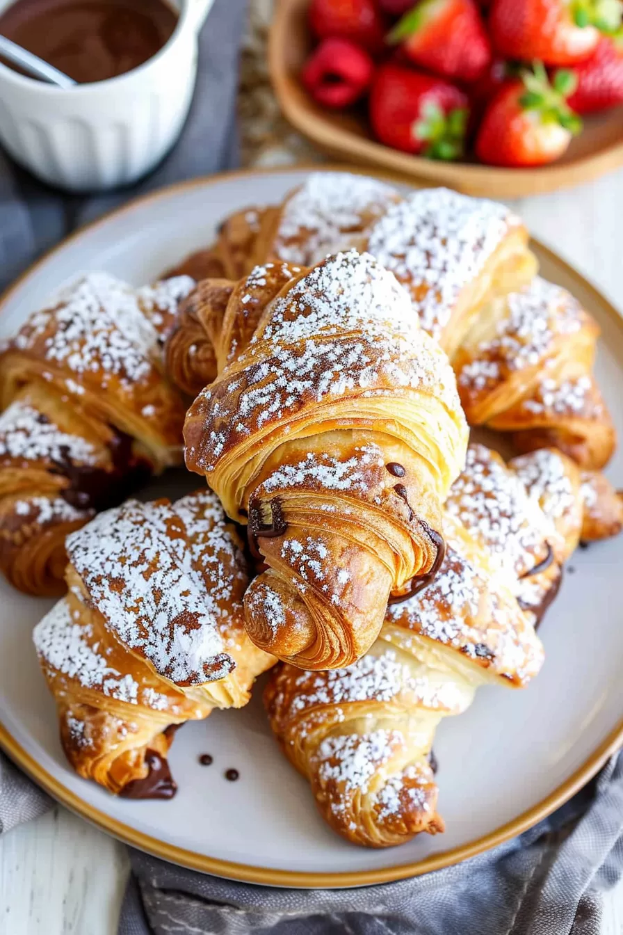 A cozy breakfast spread with Nutella croissants served alongside fresh strawberries and a cup of coffee.