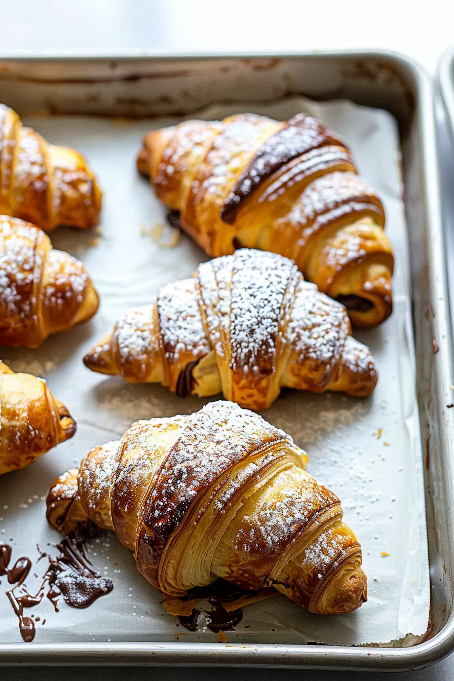 Baking tray with rows of Nutella-filled croissants, fresh from the oven and sprinkled with sugar.