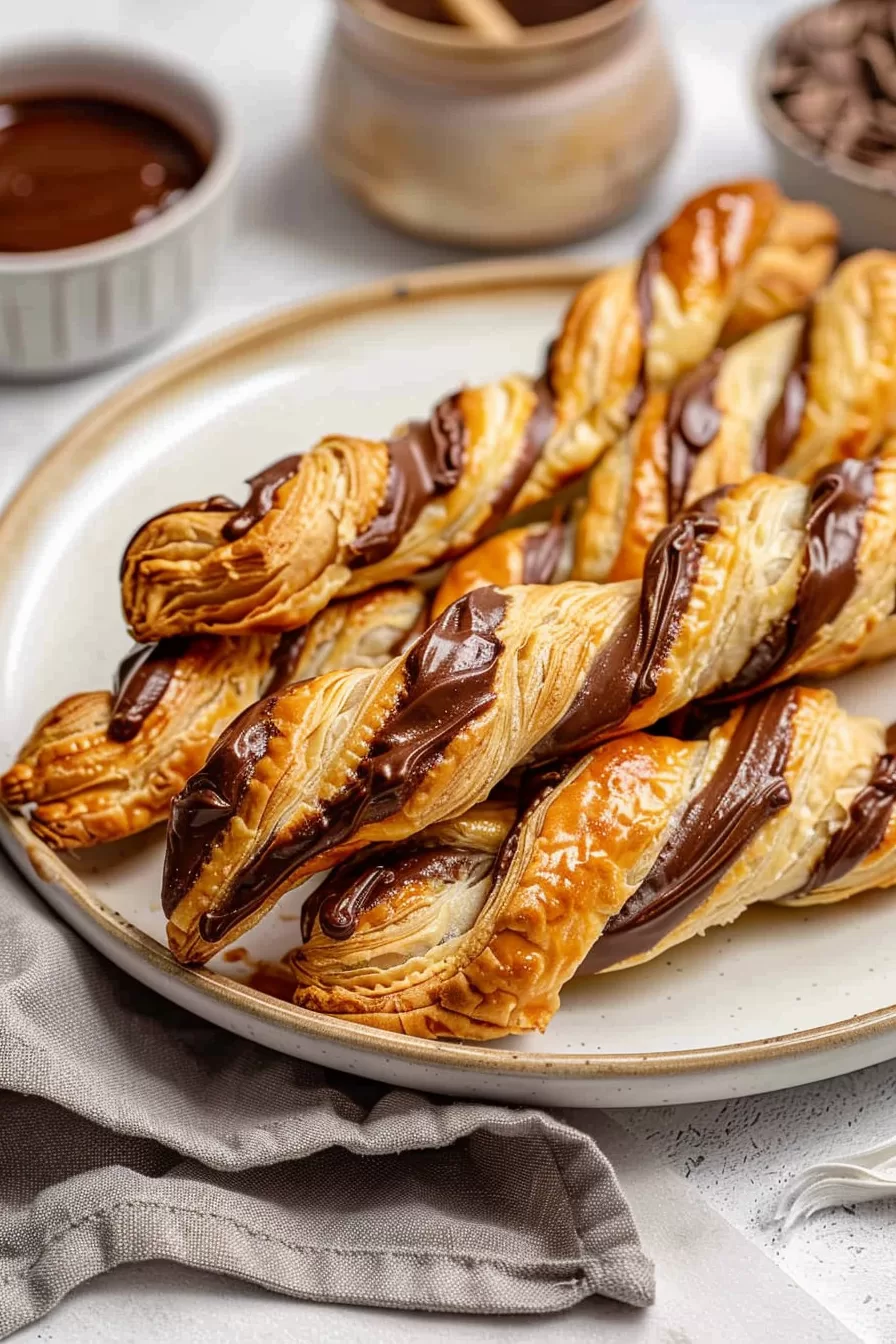 Golden, flaky puff pastry twists with a rich swirl of Nutella, served on a rustic plate.